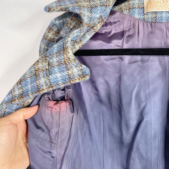 Vintage Pendleton Womens 12 Blue Brown Plaid Blazer Jacket Pure Virgin Wool - Picture 6 of 9